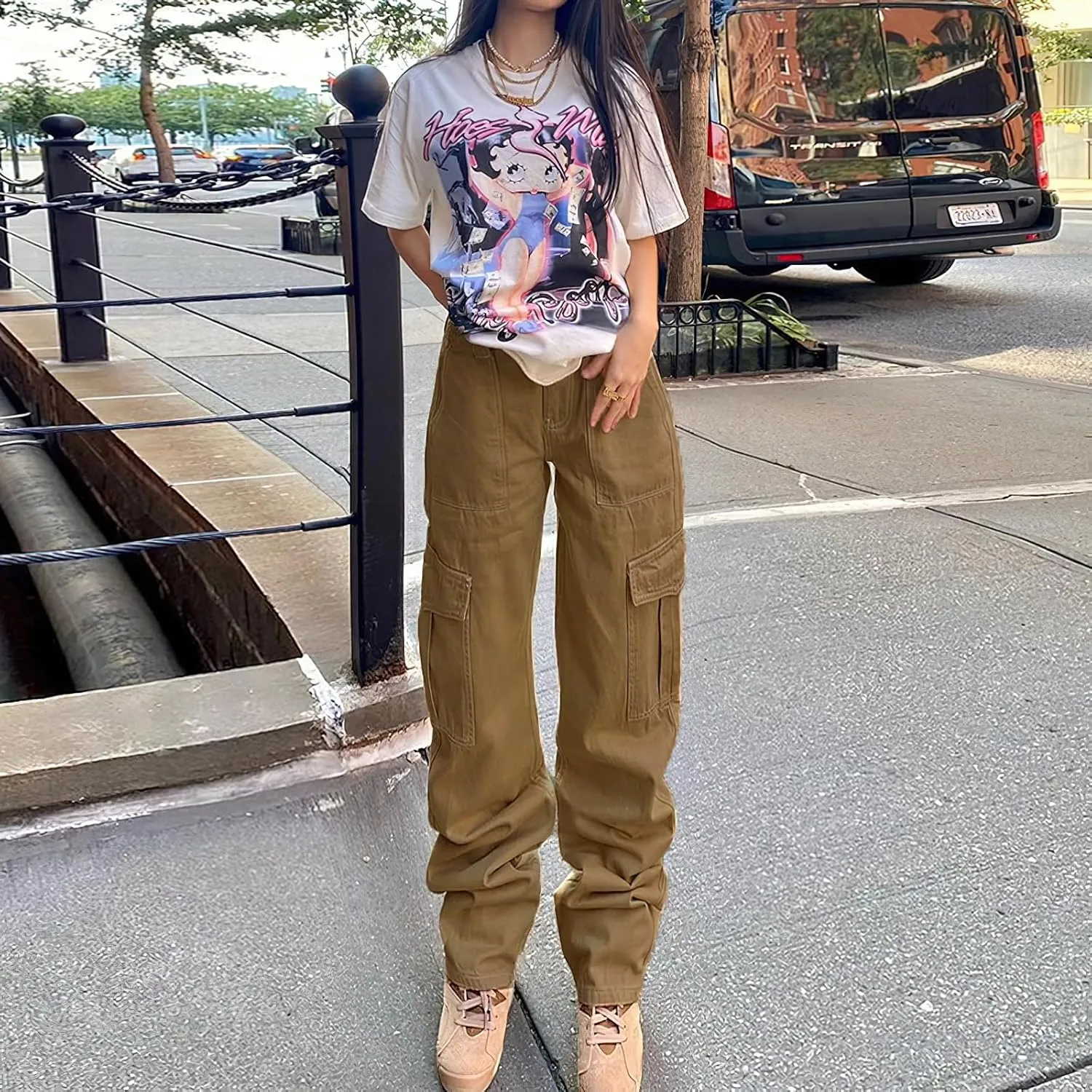 Viatabuna Women's High Waist Straight Leg Y2K Streetwear Cargo Pants Baggy Boyfriend Jeans with Pocket