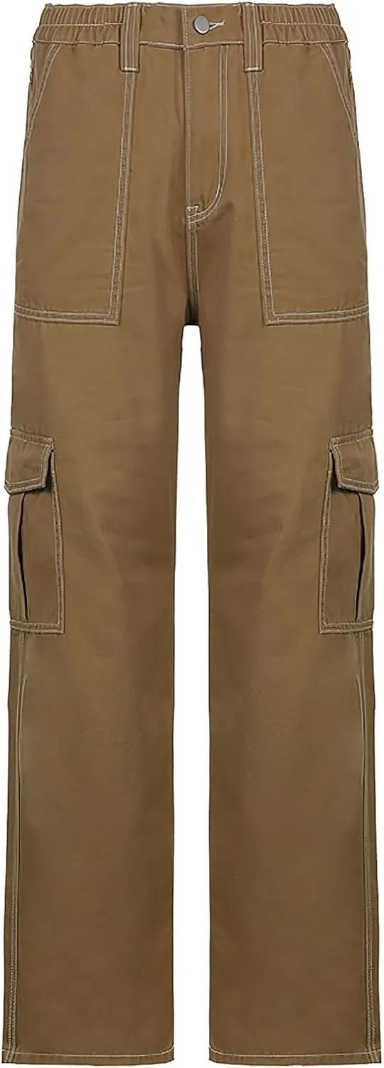 Viatabuna Women's High Waist Straight Leg Y2K Streetwear Cargo Pants Baggy Boyfriend Jeans with Pocket