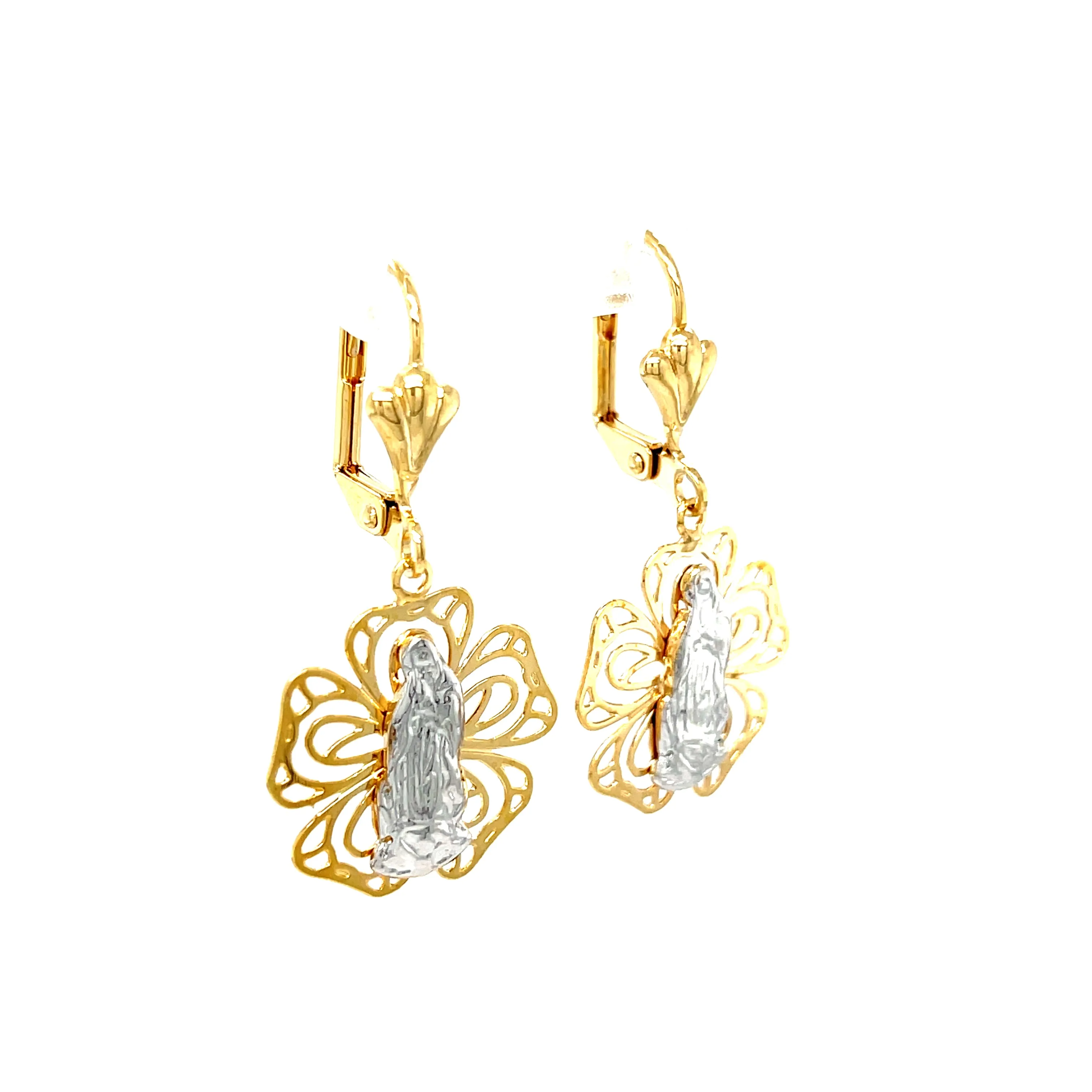 Virgin Mary Flower Dangle Earrings 14k gold filled and silver tone