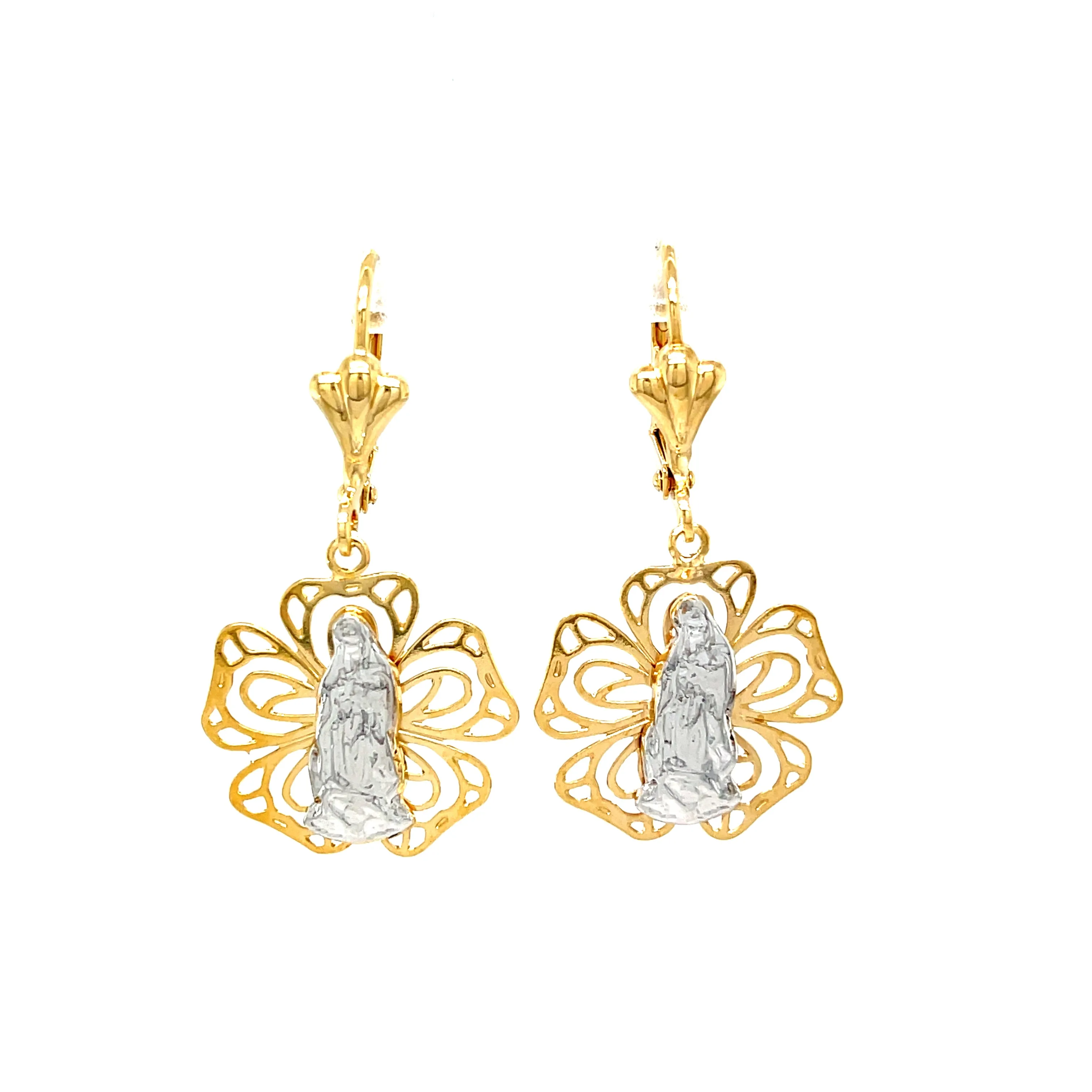 Virgin Mary Flower Dangle Earrings 14k gold filled and silver tone