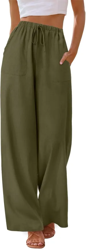 Vrtige Women's Casual Cotton Linen Drawstring High Waist Wide Leg Long Pants Trousers with Pocket