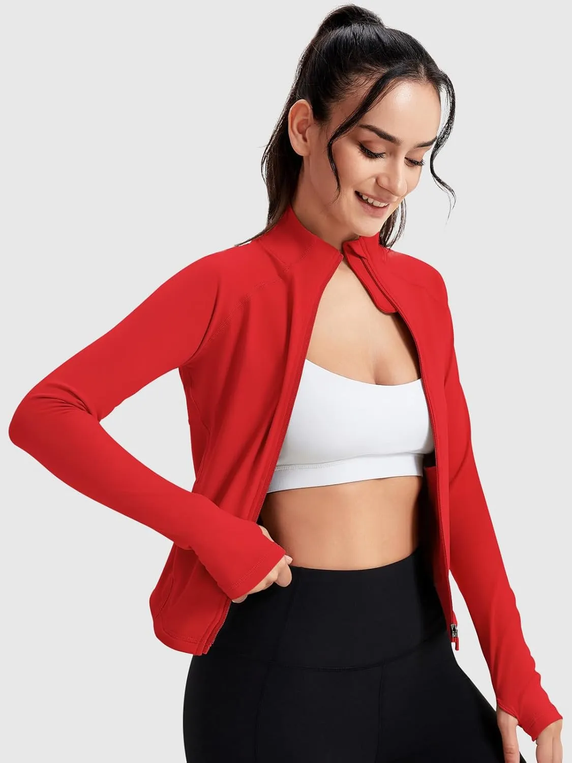 VUTRU Women's Zip Up Cropped Workout Jacket Super Slim Fit Yoga Jackets Lightweight Running Athletic Jacket with Thumb Holes