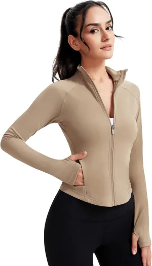 VUTRU Women's Zip Up Cropped Workout Jacket Super Slim Fit Yoga Jackets Lightweight Running Athletic Jacket with Thumb Holes