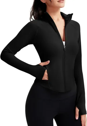 VUTRU Women's Zip Up Cropped Workout Jacket Super Slim Fit Yoga Jackets Lightweight Running Athletic Jacket with Thumb Holes