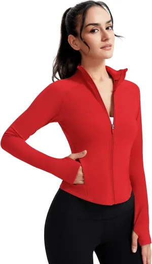 VUTRU Women's Zip Up Cropped Workout Jacket Super Slim Fit Yoga Jackets Lightweight Running Athletic Jacket with Thumb Holes