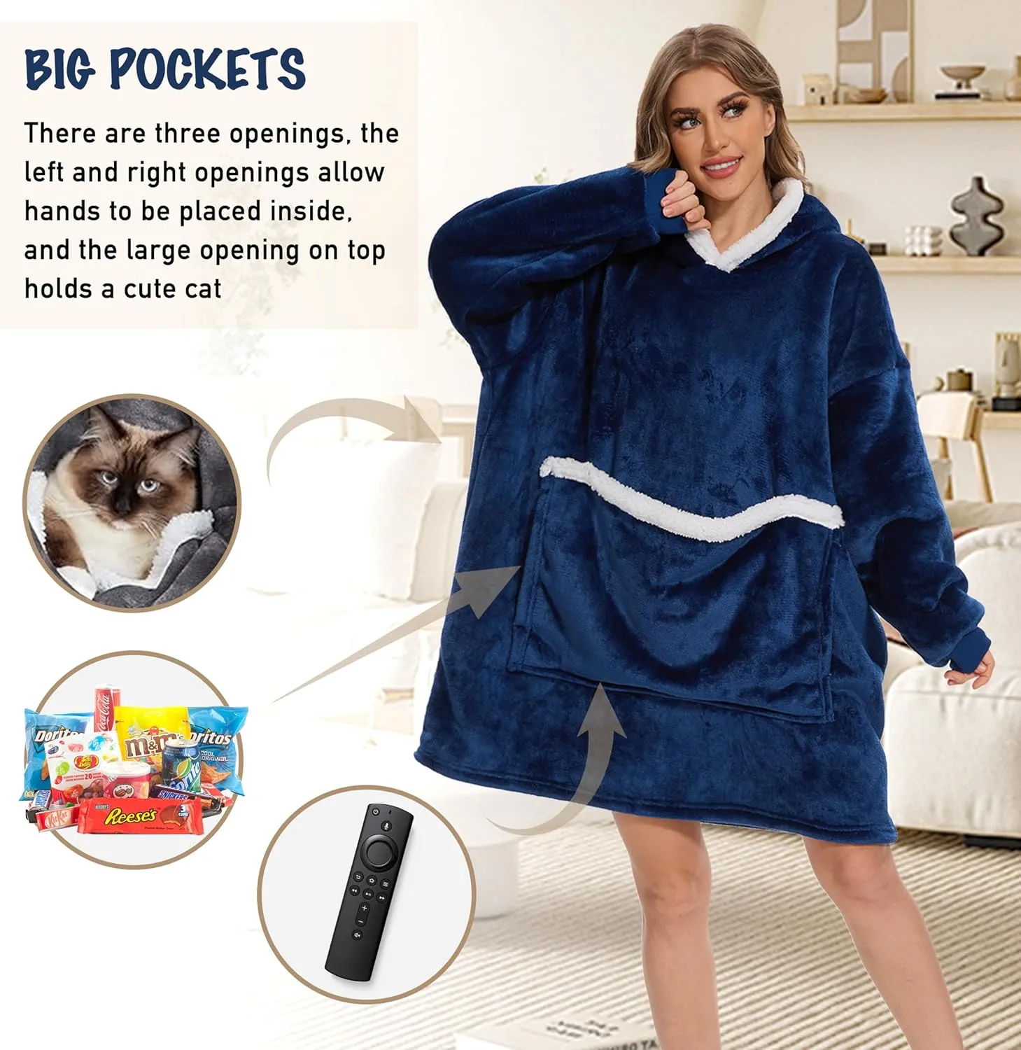 Wearable Blanket Hoodie with Giant Pocket, Soft Sherpa Fleece Warm Cozy Oversized Blanket Sweatshirt Gifts for Women