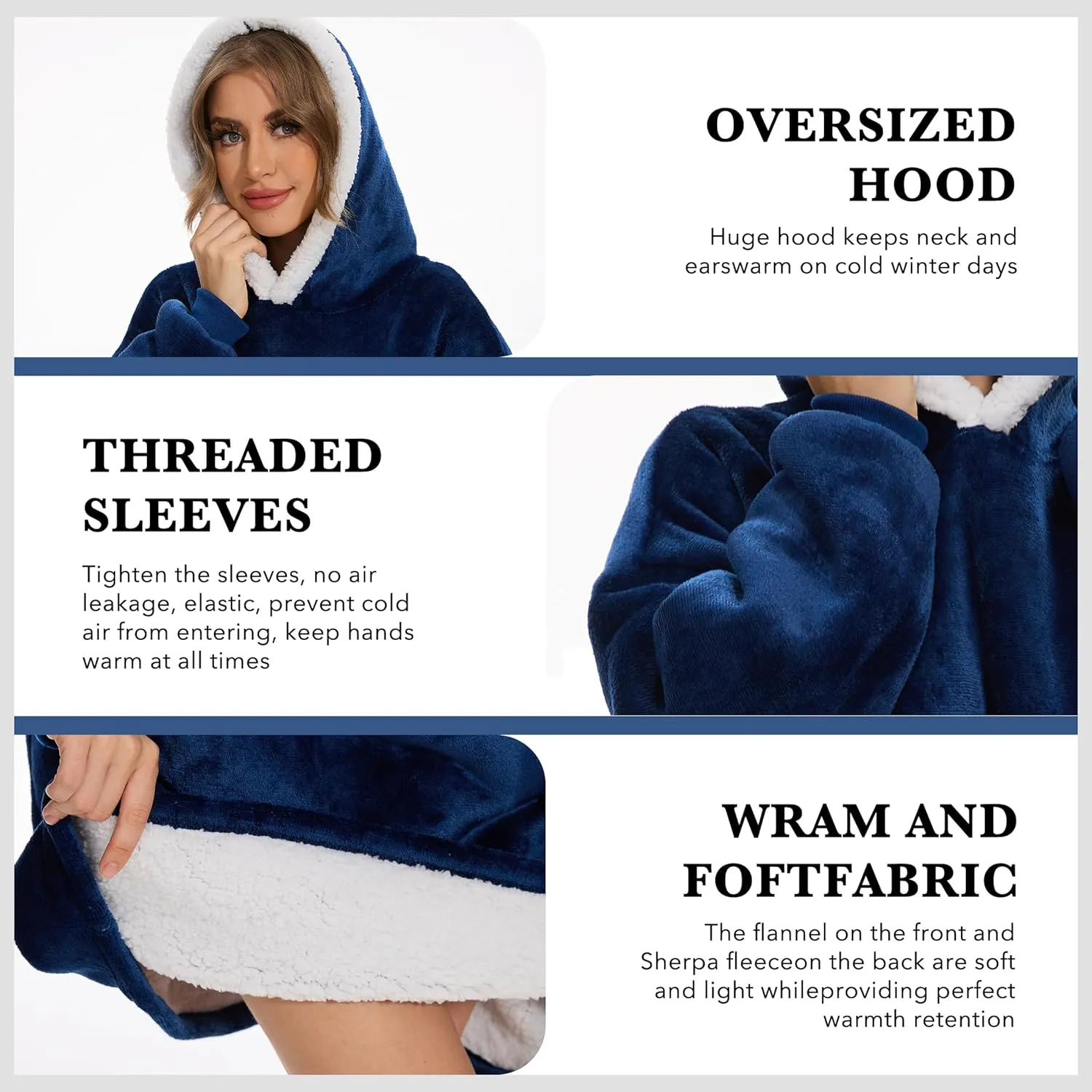 Wearable Blanket Hoodie with Giant Pocket, Soft Sherpa Fleece Warm Cozy Oversized Blanket Sweatshirt Gifts for Women