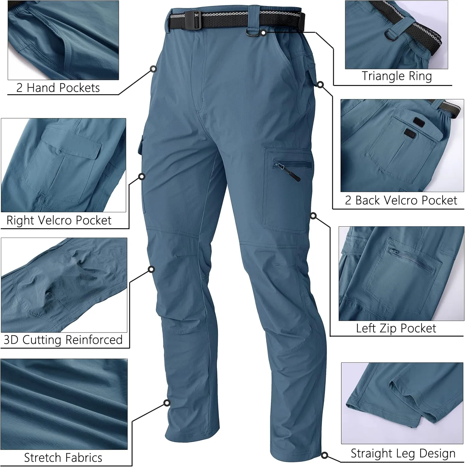 WENRONSTA Men's Hiking Work Cargo Pants Quick-Dry Lightweight Waterproof 6 Pockets Outdoor Mountain Fishing Camping Pants