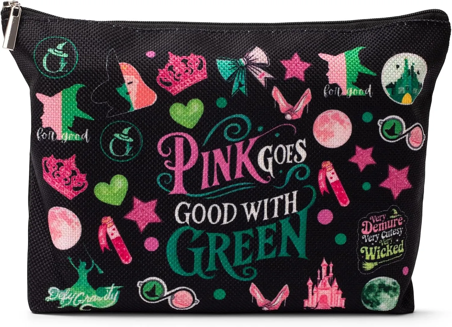 Whimsical Wicked-Inspired Black Cosmetic Bag with Playful Pink and Green Design Women's cosmetic bag with zipper-Perfect for Fans of the Musical and Theatrical Fashion