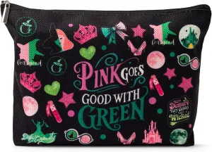 Whimsical Wicked-Inspired Black Cosmetic Bag with Playful Pink and Green Design Women's cosmetic bag with zipper-Perfect for Fans of the Musical and Theatrical Fashion