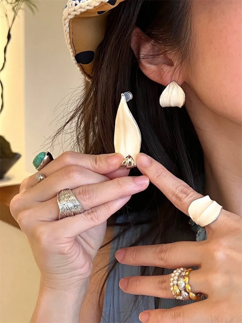 White Enamel Scroll Leaf Statement Hoop Earrings