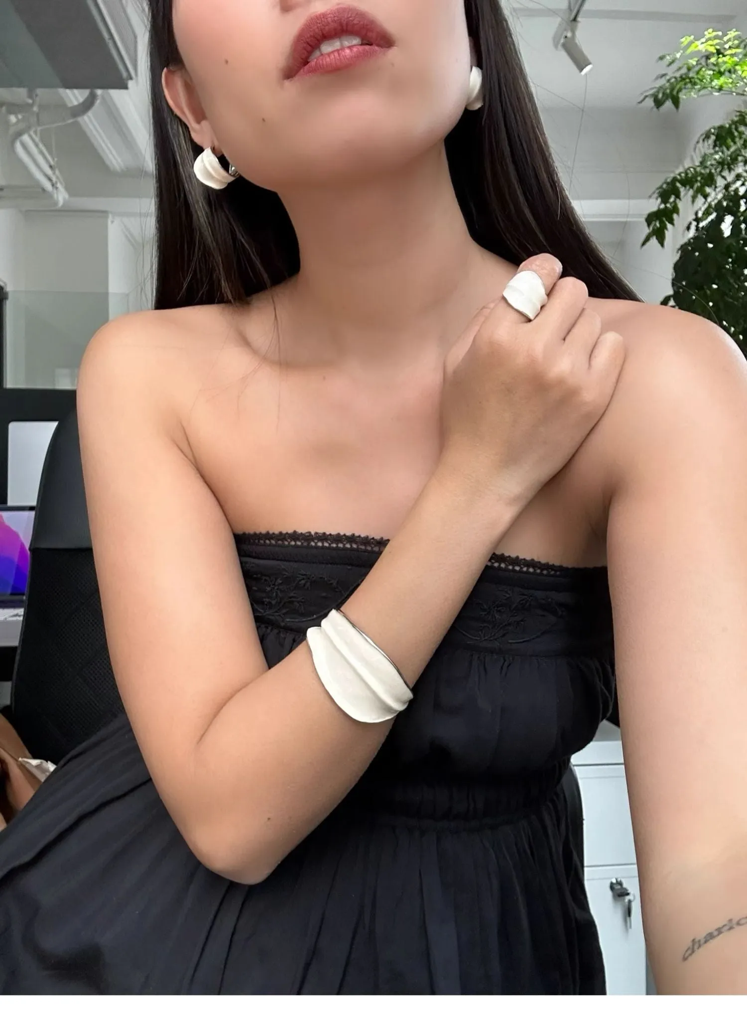 White Enamel Scroll Leaf Statement Hoop Earrings