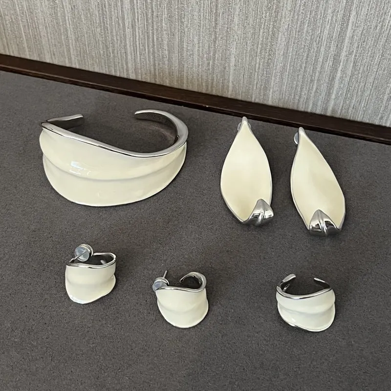 White Enamel Scroll Leaf Statement Hoop Earrings