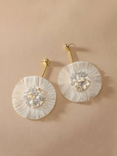 White fan tassel drop earrings| colourful rhinestones vintage style | glitter art abstract dangle oversize statement earrings |christmas