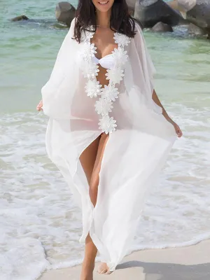 White Flower Chiffon Cover-Ups Swimwear