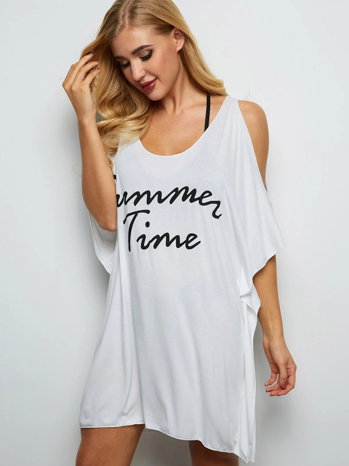 Wholesale Round Neck Letter Cut Out Irregular Hem Beach Cover Ups