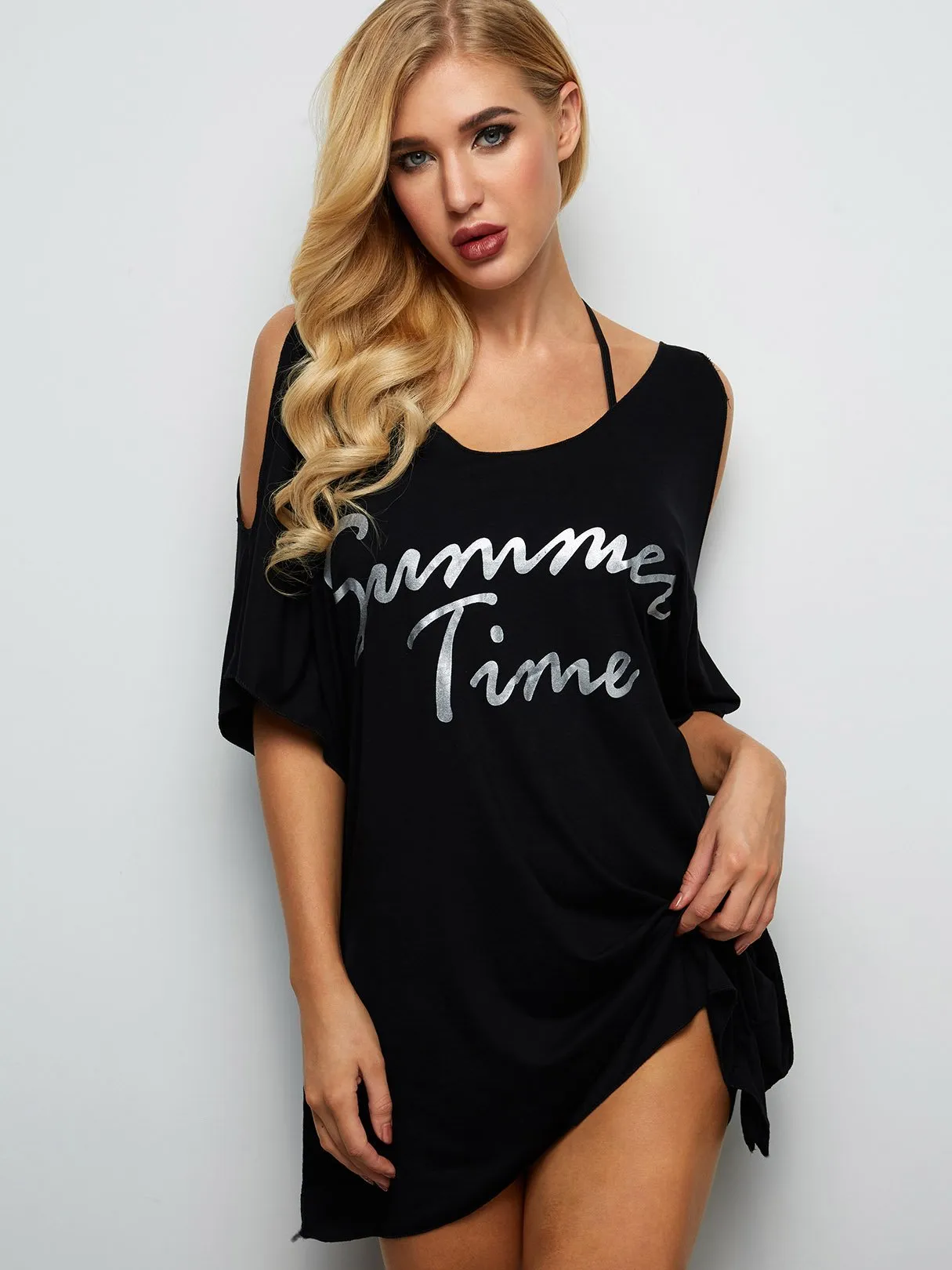 Wholesale Round Neck Letter Cut Out Irregular Hem Beach Cover Ups