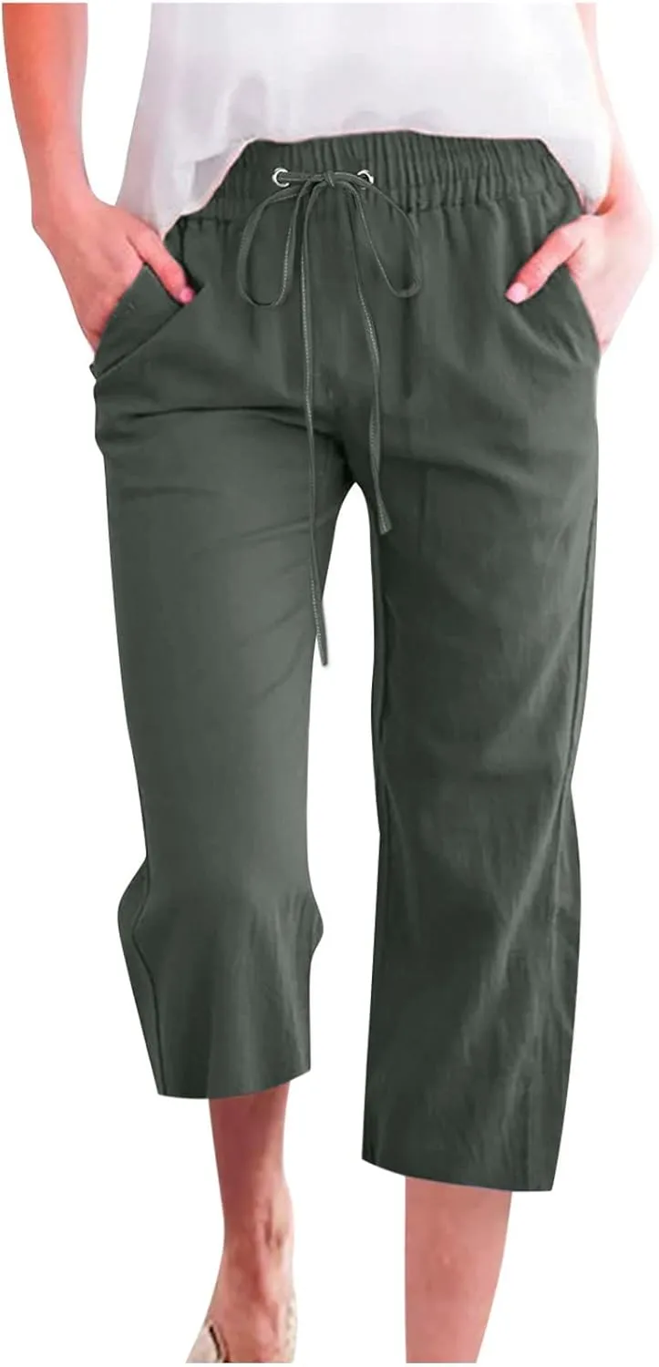 Wide Leg Capris For Women Linen Casual 2024 Summer Drawstring Straight Leg Cropped Trouser Boho Fashion Lounge Pant