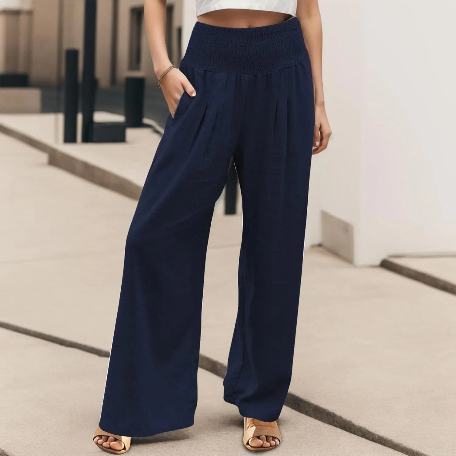 Wide Leg Linen Pants for Women Boho Beach Pants Casual Elastic High Waist Comfort Trendy Palazzo Pants