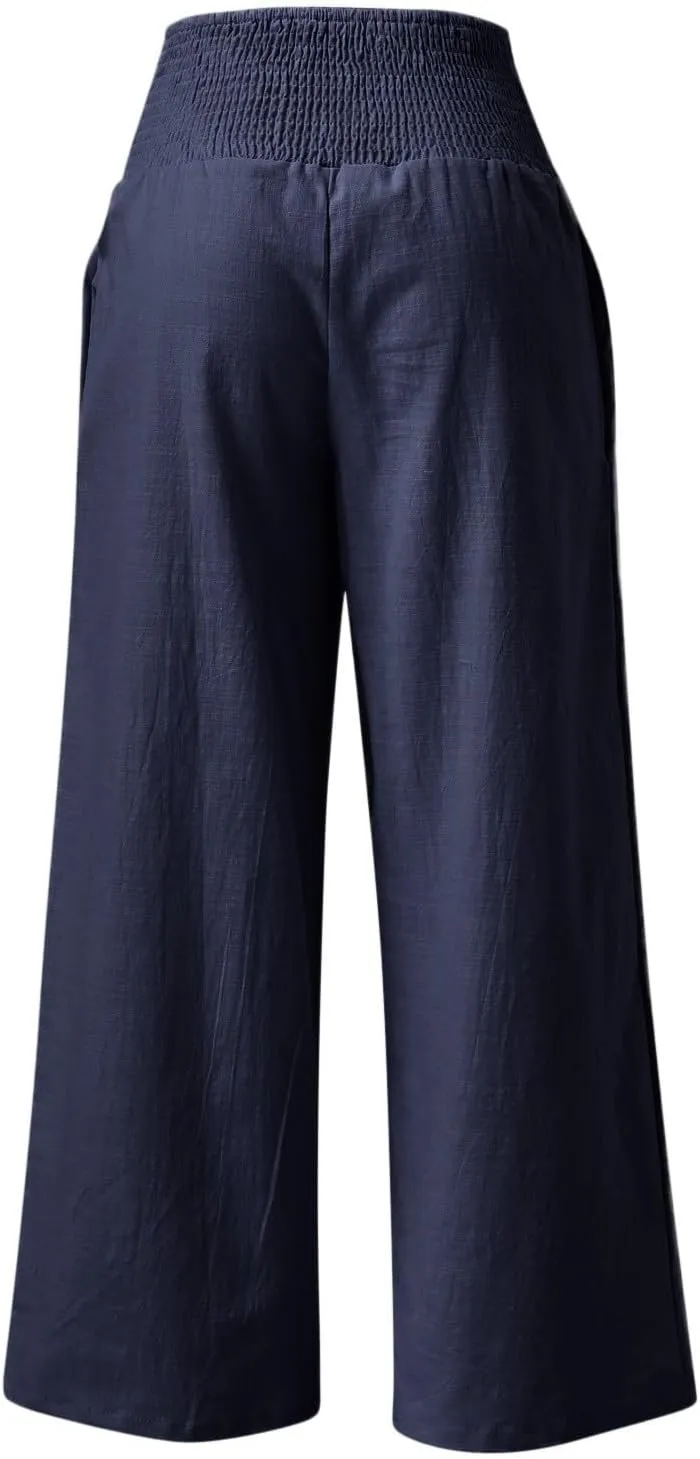 Wide Leg Linen Pants for Women Boho Beach Pants Casual Elastic High Waist Comfort Trendy Palazzo Pants