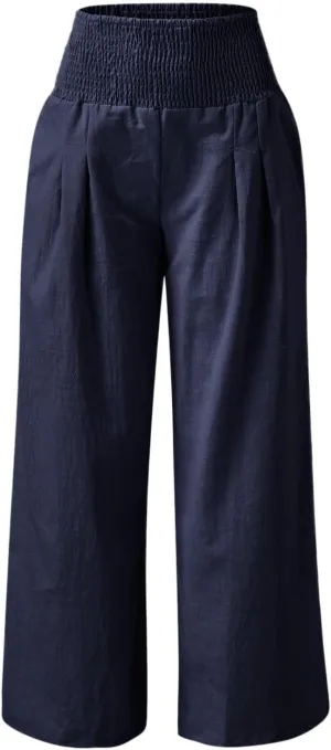 Wide Leg Linen Pants for Women Boho Beach Pants Casual Elastic High Waist Comfort Trendy Palazzo Pants