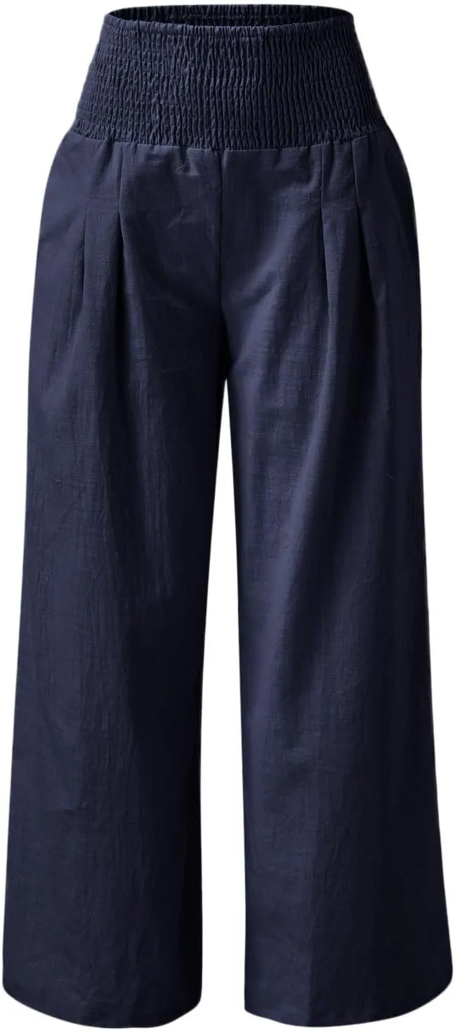Wide Leg Linen Pants for Women Boho Beach Pants Casual Elastic High Waist Comfort Trendy Palazzo Pants