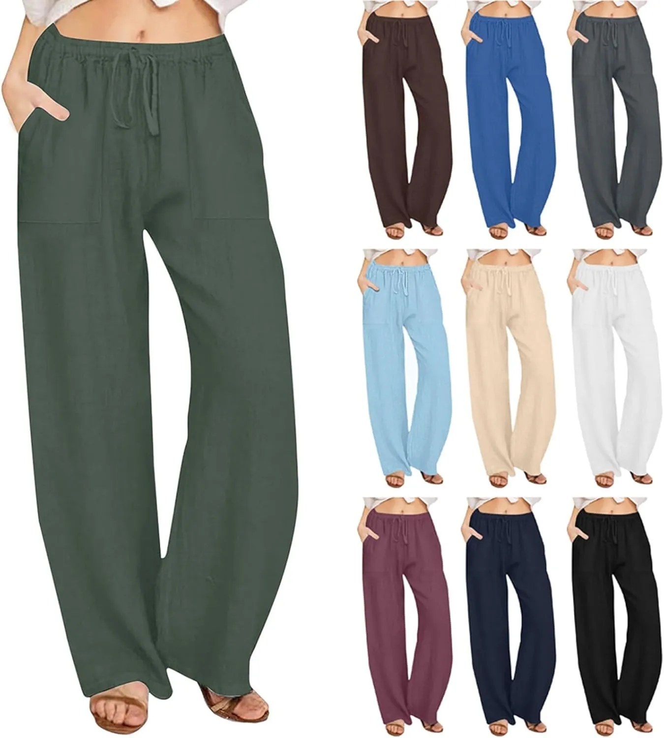 Wide Leg Linen Pants for Women Casual Summer Elastic Waist Loose Palazzo Trousers Flowy Beach Lounge Pants with Pocket