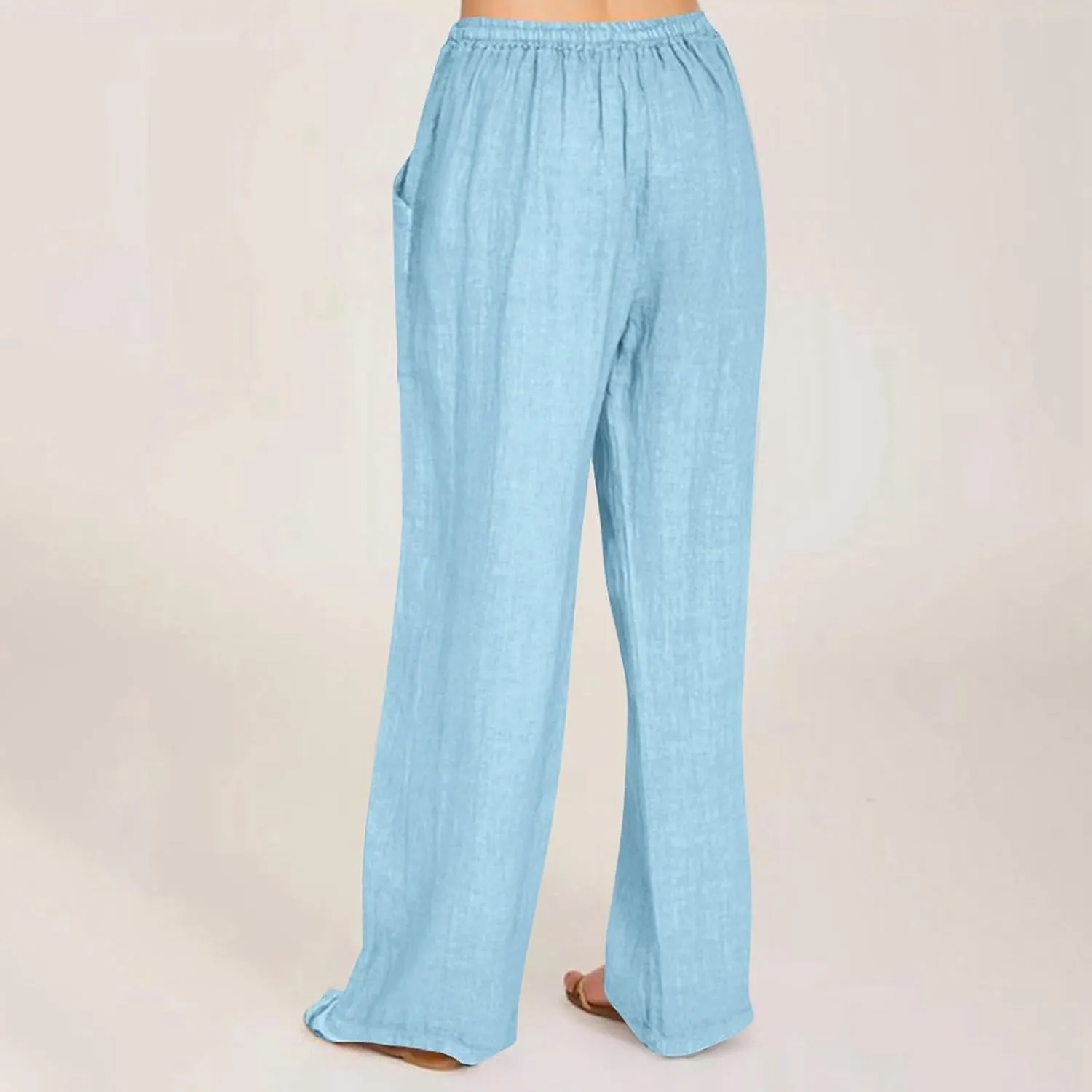 Wide Leg Linen Pants for Women Casual Summer Elastic Waist Loose Palazzo Trousers Flowy Beach Lounge Pants with Pocket