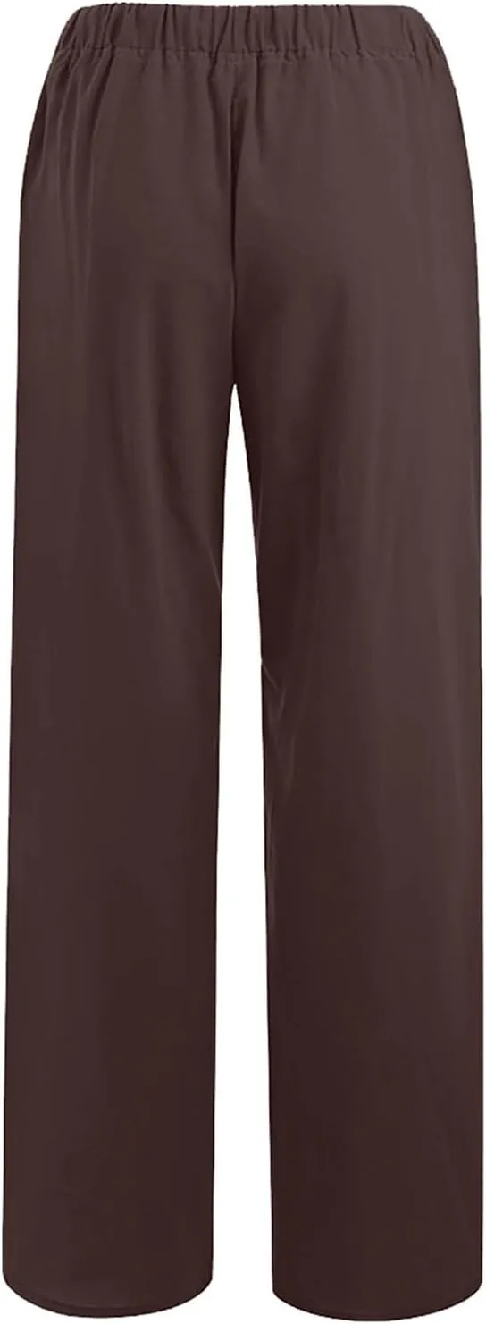 Wide Leg Linen Pants for Women Casual Summer Elastic Waist Loose Palazzo Trousers Flowy Beach Lounge Pants with Pocket