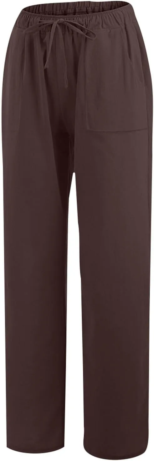 Wide Leg Linen Pants for Women Casual Summer Elastic Waist Loose Palazzo Trousers Flowy Beach Lounge Pants with Pocket