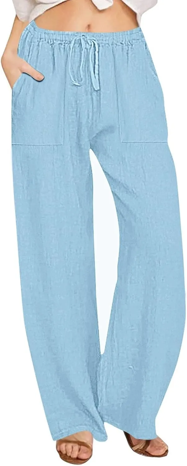 Wide Leg Linen Pants for Women Casual Summer Elastic Waist Loose Palazzo Trousers Flowy Beach Lounge Pants with Pocket