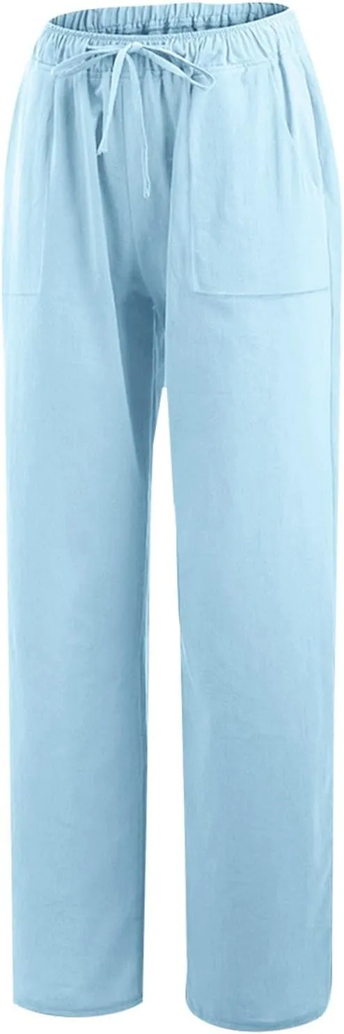 Wide Leg Linen Pants for Women Casual Summer Elastic Waist Loose Palazzo Trousers Flowy Beach Lounge Pants with Pocket