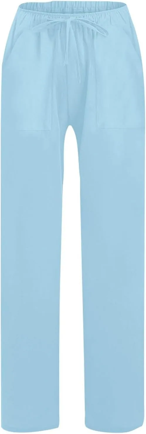 Wide Leg Linen Pants for Women Casual Summer Elastic Waist Loose Palazzo Trousers Flowy Beach Lounge Pants with Pocket