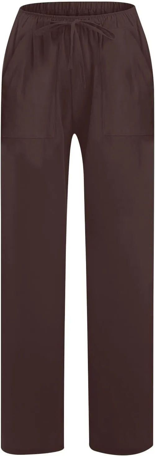 Wide Leg Linen Pants for Women Casual Summer Elastic Waist Loose Palazzo Trousers Flowy Beach Lounge Pants with Pocket