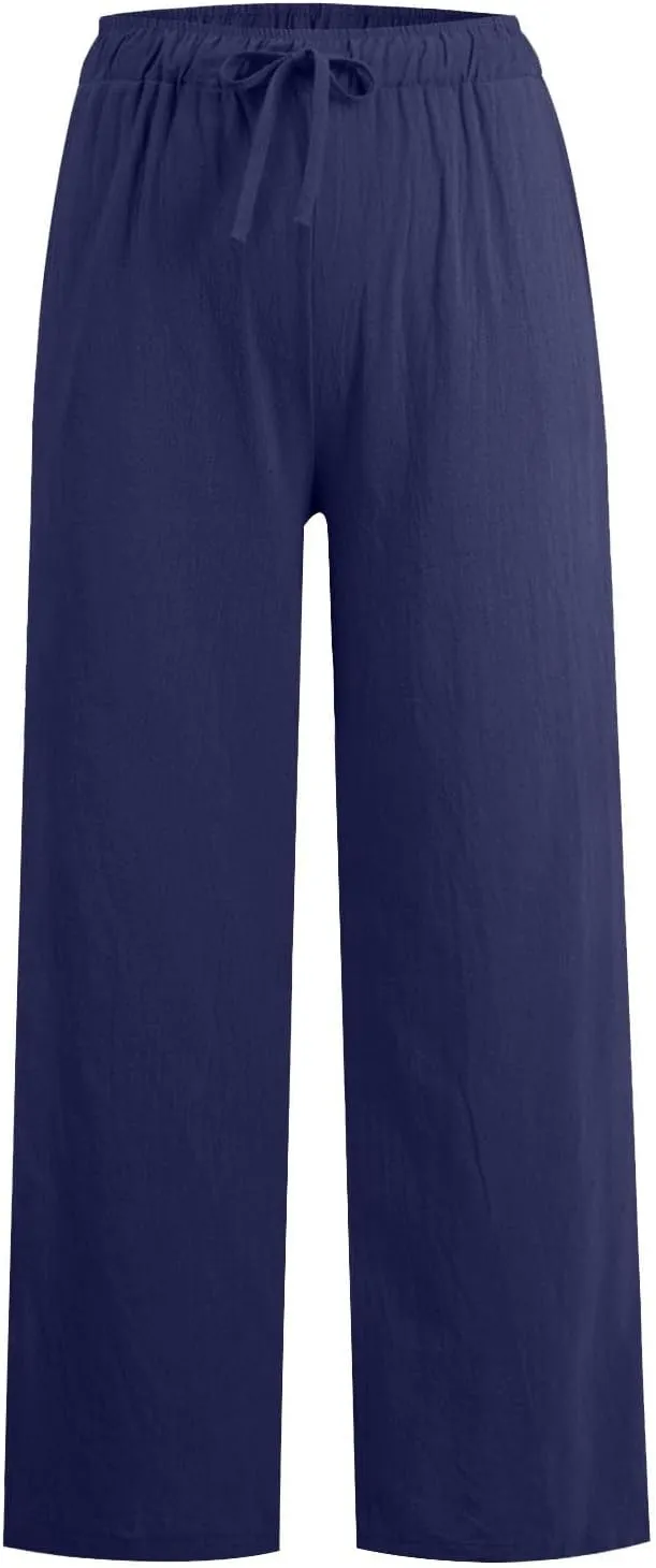Wide Leg Linen Pants for Women Drawstring High Waisted Palazzo Pants Comfy Loose Boho Beach Trousers with Pockets