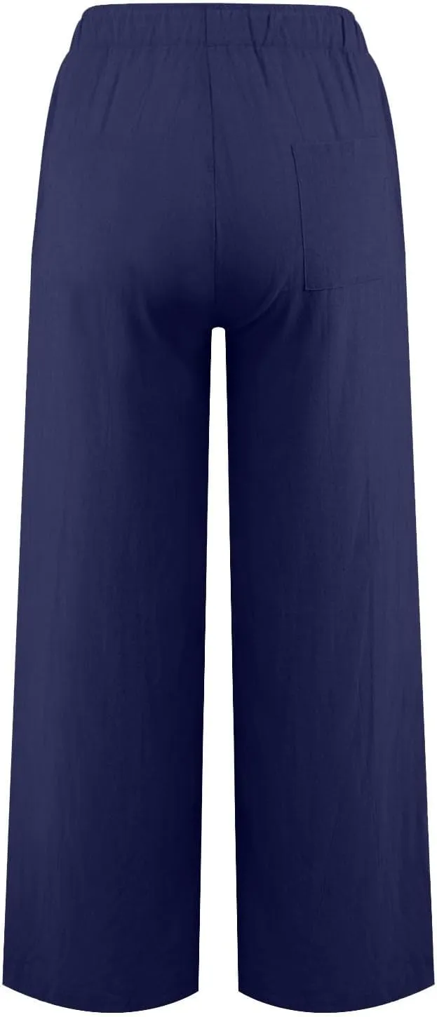 Wide Leg Linen Pants for Women Drawstring High Waisted Palazzo Pants Comfy Loose Boho Beach Trousers with Pockets