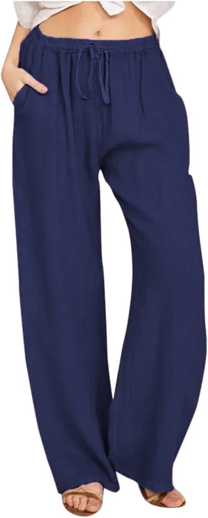 Wide Leg Linen Pants for Women Drawstring High Waisted Palazzo Pants Comfy Loose Boho Beach Trousers with Pockets
