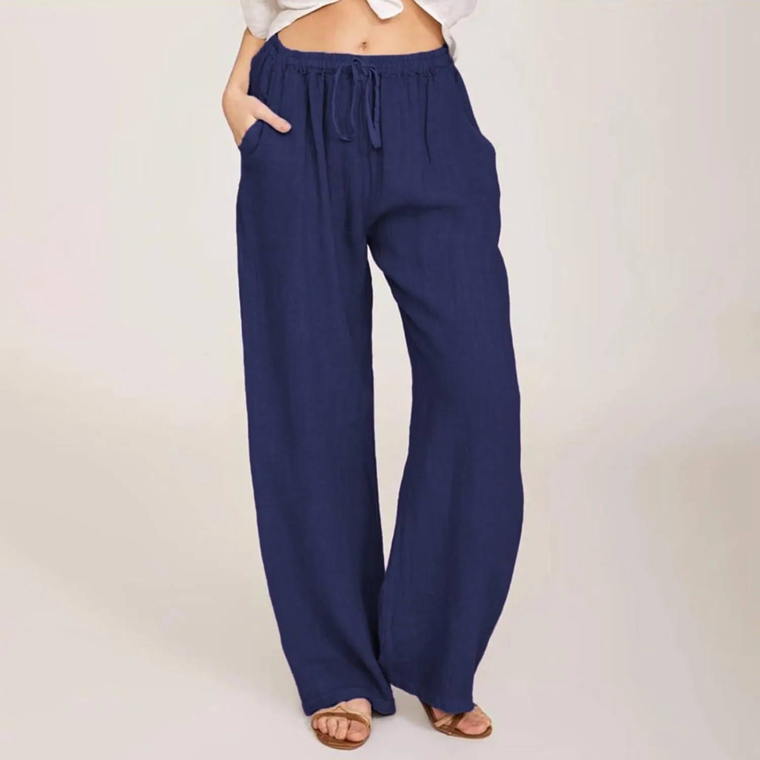 Wide Leg Linen Pants for Women Drawstring High Waisted Palazzo Pants Comfy Loose Boho Beach Trousers with Pockets