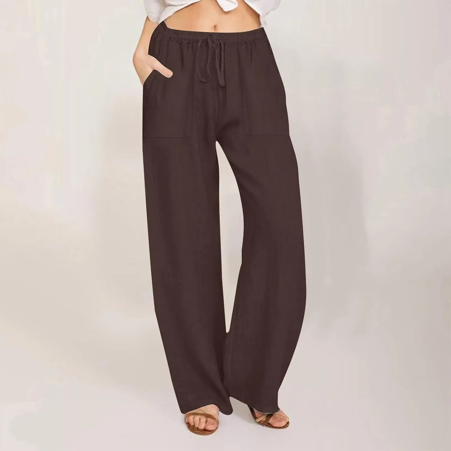 Wide Leg Linen Pants Women Casual Summer Elastic Waist Loose Palazzo Trousers Flowy Beach Lounge Pants with Pockets