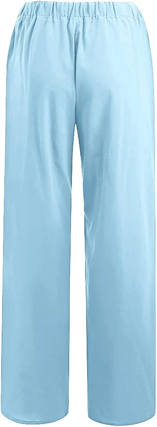 Wide Leg Linen Pants Women Casual Summer Elastic Waist Loose Palazzo Trousers Flowy Beach Lounge Pants with Pockets