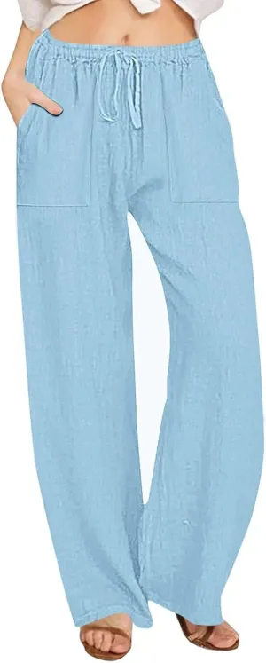 Wide Leg Linen Pants Women Casual Summer Elastic Waist Loose Palazzo Trousers Flowy Beach Lounge Pants with Pockets