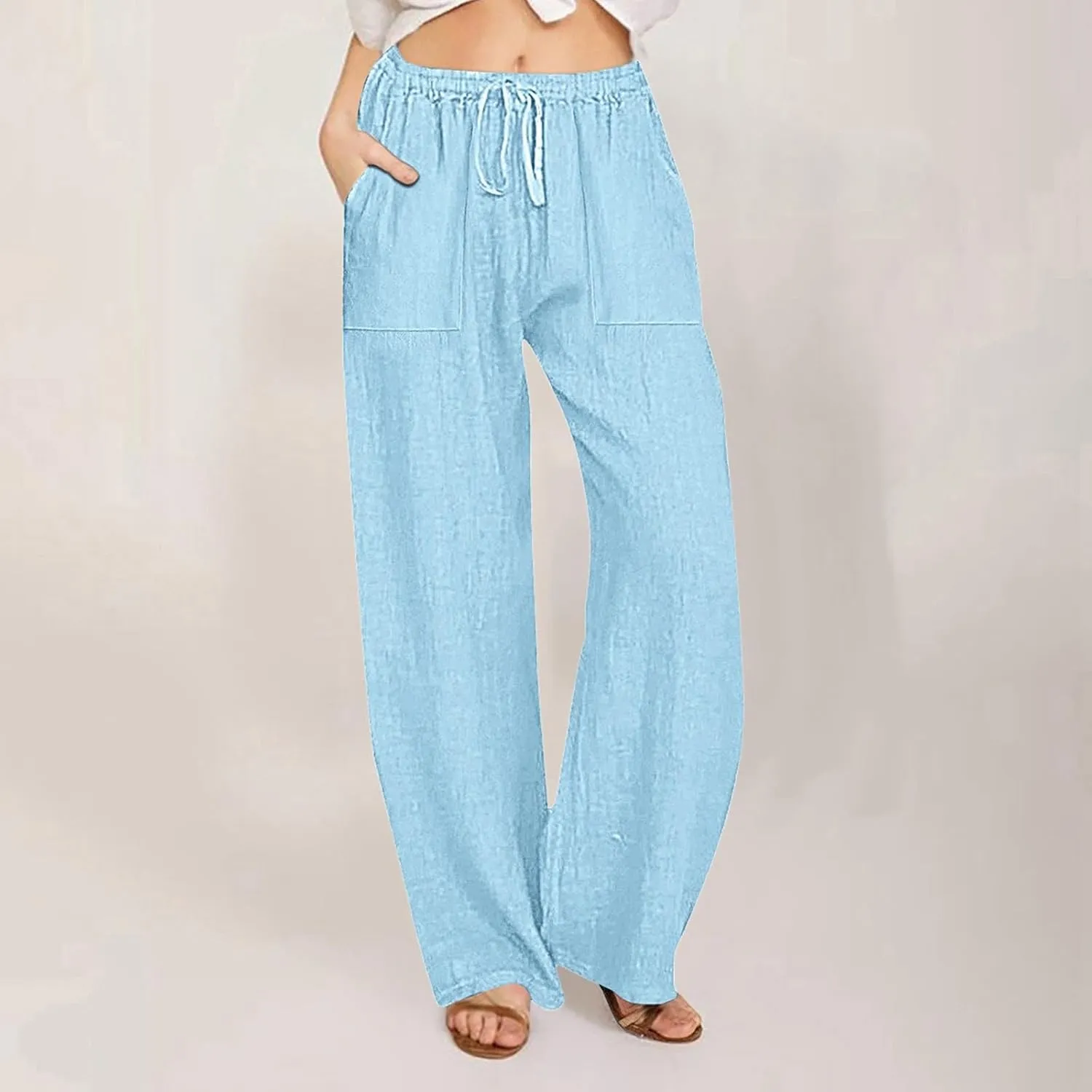 Wide Leg Linen Pants Women Casual Summer Elastic Waist Loose Palazzo Trousers Flowy Beach Lounge Pants with Pockets