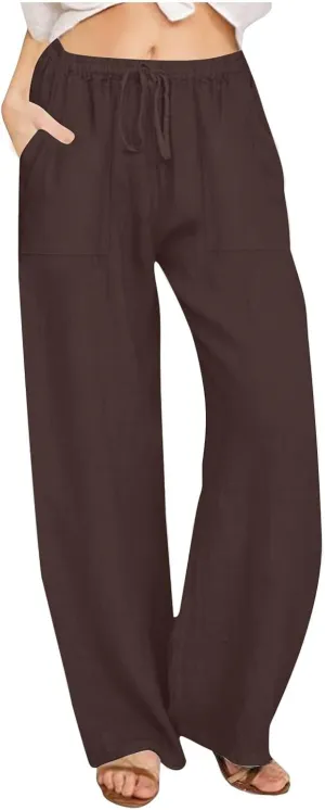 Wide Leg Linen Pants Women Casual Summer Elastic Waist Loose Palazzo Trousers Flowy Beach Lounge Pants with Pockets
