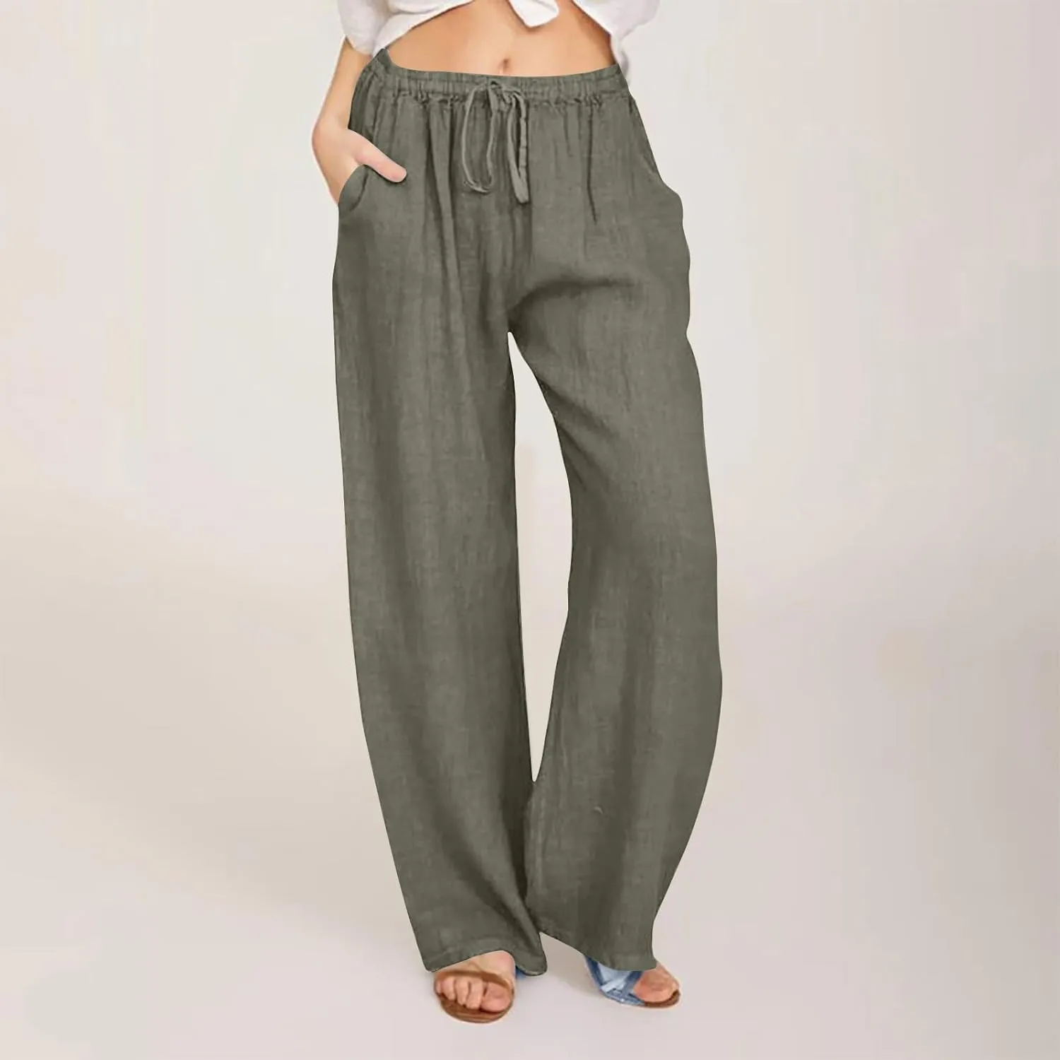 Wide Leg Palazzo Pants for Women 2025 Summer Casual Beach Pant Loose Fit Drawstring Flowy Lounge Trousers with Pocket