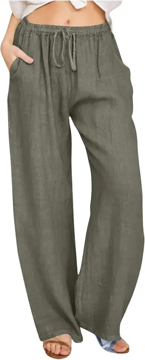 Wide Leg Palazzo Pants for Women 2025 Summer Casual Beach Pant Loose Fit Drawstring Flowy Lounge Trousers with Pocket
