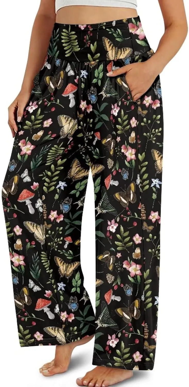 Wide Leg Pants for Women Summer 2024 Palazzo Tropical Floral Casual High Waist Trousers with Pockets S-3XL