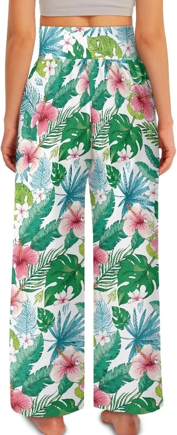 Wide Leg Pants for Women Summer 2024 Palazzo Tropical Floral Casual High Waist Trousers with Pockets S-3XL