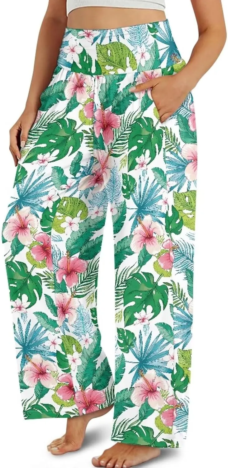 Wide Leg Pants for Women Summer 2024 Palazzo Tropical Floral Casual High Waist Trousers with Pockets S-3XL