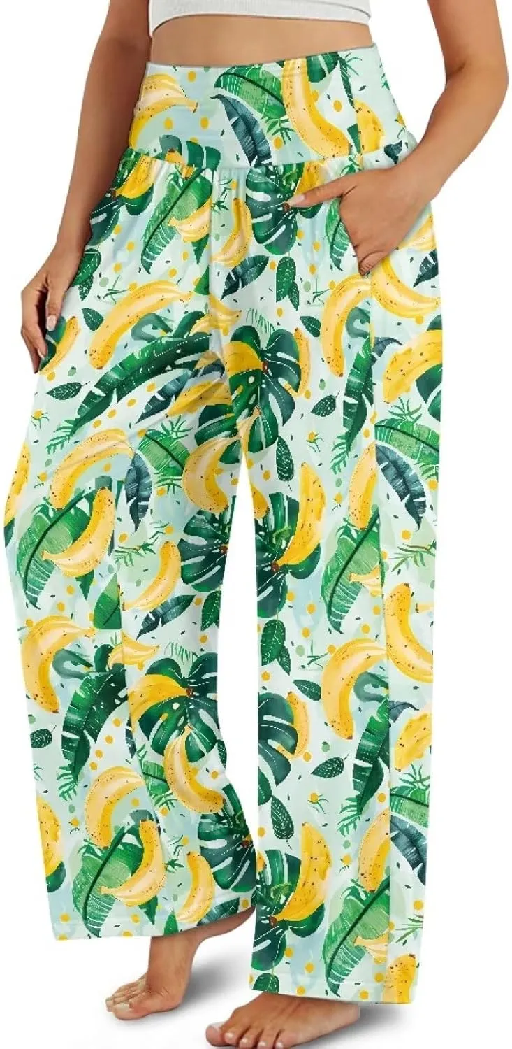 Wide Leg Pants for Women Summer 2024 Palazzo Tropical Floral Casual High Waist Trousers with Pockets S-3XL