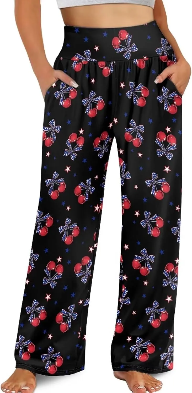 Wide Leg Pants for Women Summer 2024 Palazzo Tropical Floral Casual High Waist Trousers with Pockets S-3XL